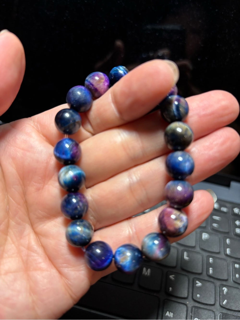 Natural 10mm Galaxy Blue, Purple 5A Tiger Eye Beaded Stretch Bracelet - 7.5”